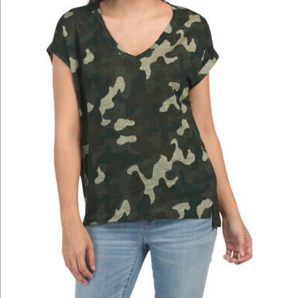 +C&C California+ Green Blurred Camo Camouflage Linen T-Shirt Top size Medium
